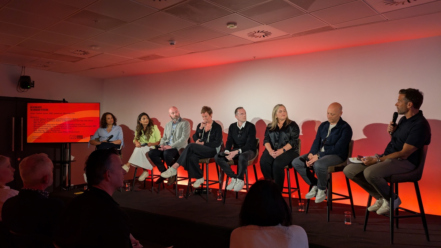 (L-R) Samantha McMillon, COO, Quay Street Productions; Amber Haque, Presenter and Documentary Maker; Iain MacLeod, Executive Producer, Continuing Drama, ITV; Pam Cavannagh, CEO, Purple Productions; Michael Jochnowitz, Interim Editor of Unscripted Commissioning, BBC; Emma Morris, Executive Editor of Morning Live and The One Show, BBC Studios; Rick Murray, CEO, Workerbee and Chair: Gethin Jones, BBC presenter, Morning Live