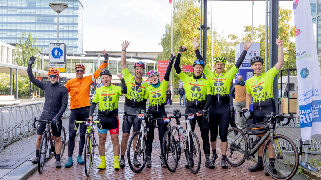 Cyclists from the TATA Communications IBC Sustainability Bike Ride arriving at the RAI